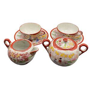 Vtg 1920s Geisha Painted Egg Shell Porcelain Sugar Creamer Cups Saucers Japan
